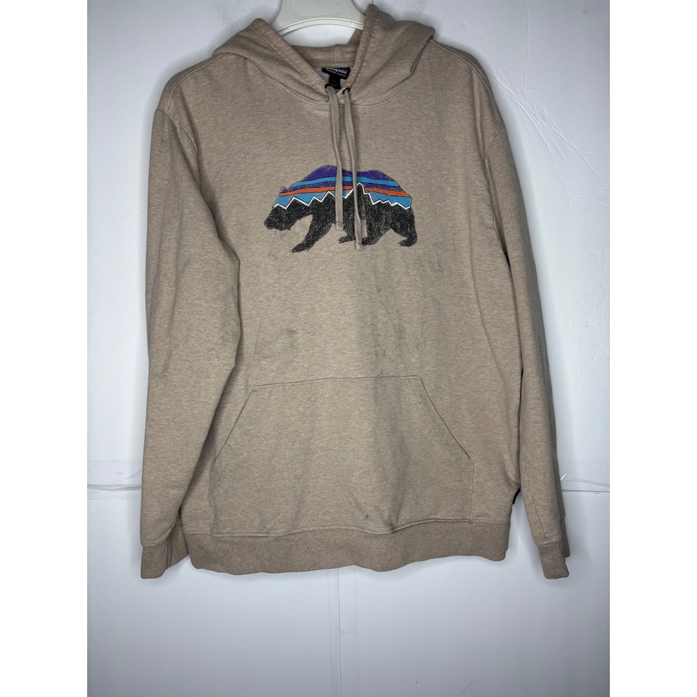 Patagonia Mens Organic Cotton Fitz Roy Bear Graphic Hoodie Tan STY39514 Large